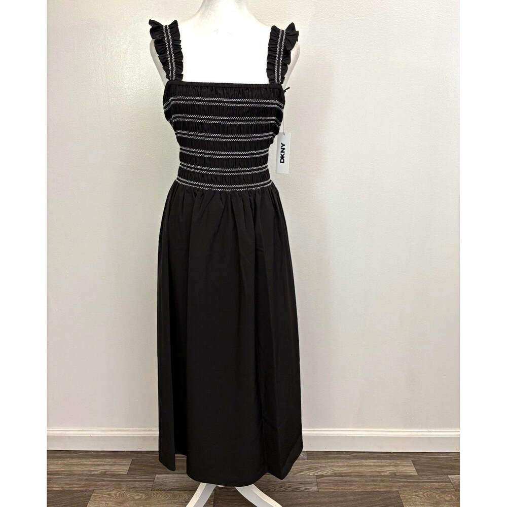 DKNY Women’s Black Smocked Ruffle Strap Midi Sundress Square Neck Size 12